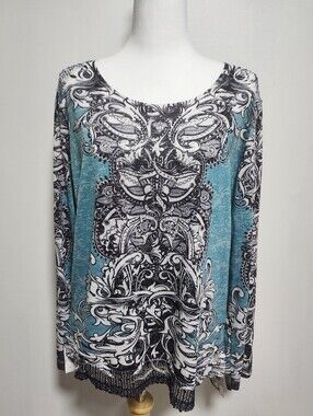 Beta's Choice Women's Teal Printed Long-Sleeve Top Wirh Rhinestone Embelishment